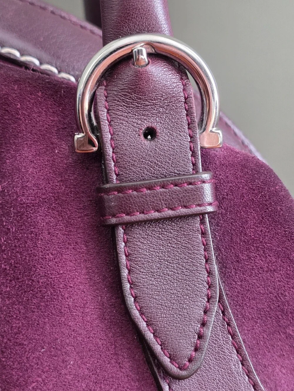Salvatore Ferragamo Mirtillo Burgundy Suede Calfskin Leather Satchel Bag